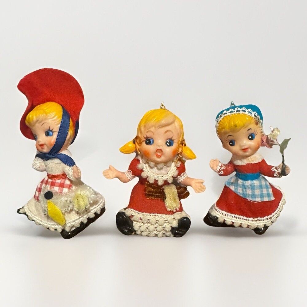 VTG Christmas Ornaments Lot 3 Flocked 1960 Japan Little Miss Muffet Kurt Adler
